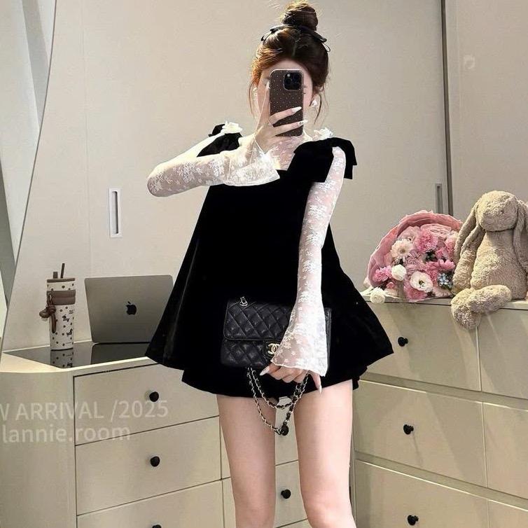 |KHÔNG GIẶT MÁY| Set 3 Món Nơ Vai Áo Ren+ Áo Nhung+ Quần Nhung Cứng Bigsize