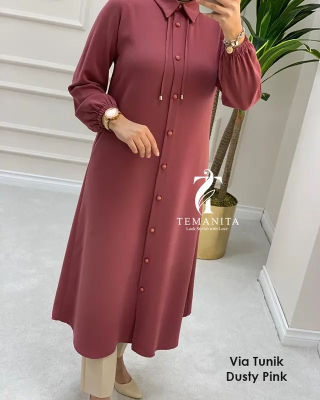 TEMAWANITA Via Tunik Premium - 5.1 Modern Panjang Long Tunik Full Kancing Pakai Tali Kece Terkini Formal Muslim 2