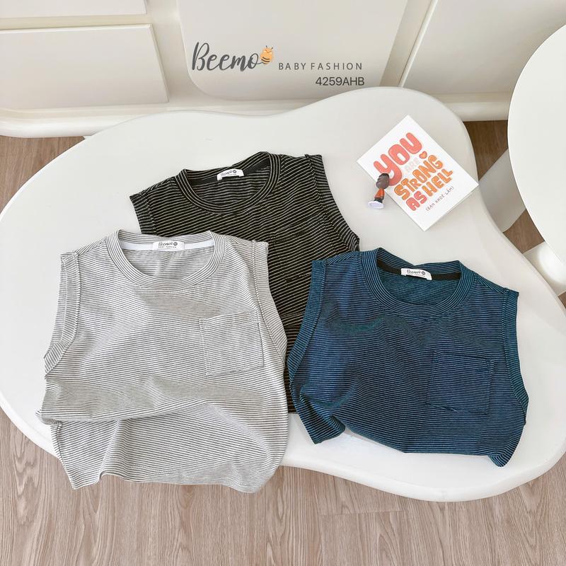 Áo ba lỗ Beemo kẻ ngang phối túi vải cotton thoáng mát mặc đi học, du lịch cho bé trai từ 9-24kg 4259AHB