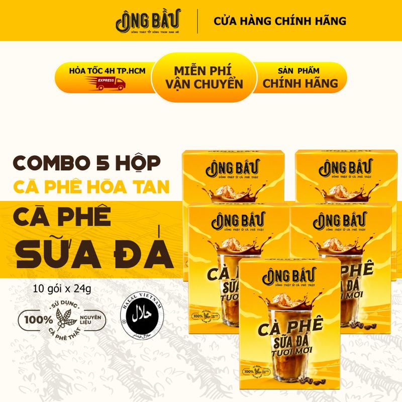 Ông Bầu - Combo 5 Hộp Cà Phê Sữa Đá Tươi Mới Hòa Tan - Hộp 240g x 10 Gói