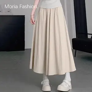 Moria QZ206 Rok Plisket Rok Polos Panjang Terbaru Murah Muslamah Kantor Long Skirt Wanita Motif Polos Maxi Skirt Women Casual Vintage Streetwear Daily Rok Warna Korea/Skirt Rok Wanita Korea Rok A-line Pinggang Elastis Rok Lipit Wanita Kasual Pinggangdress