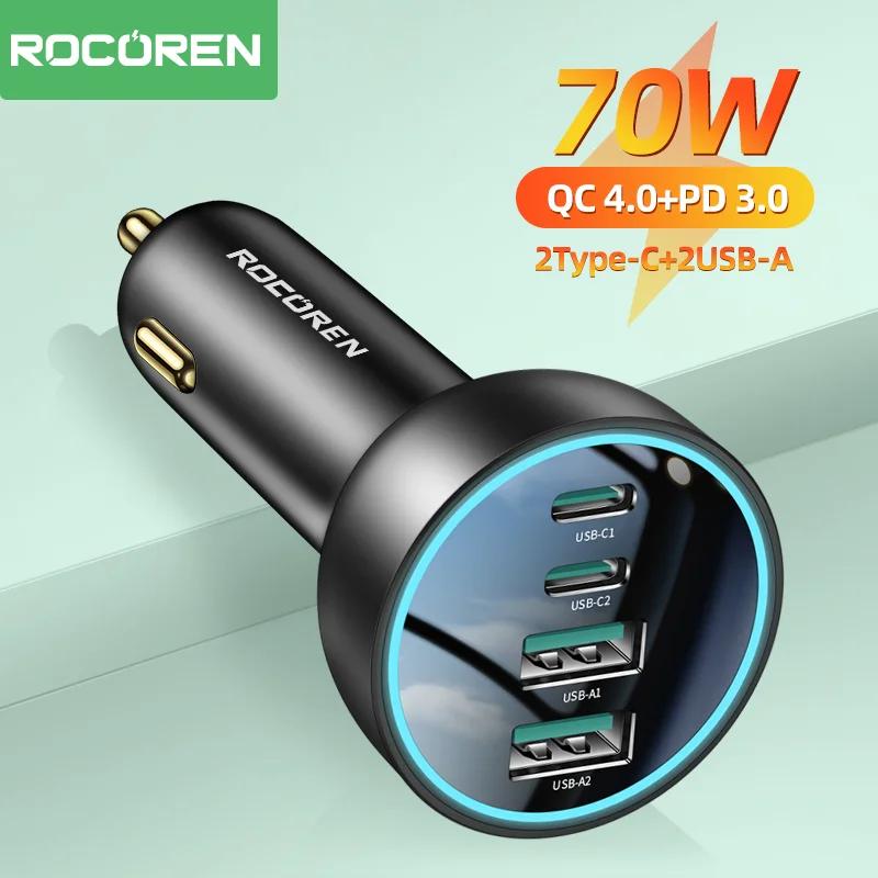 Bộ sạc ô tô Rocoren 70W 4 trong 1 USB Type C QC4.0 PD3.0 Sạc siêu nhanh Bộ Chuyển Đổi sạc nhanh cho ô tô Tương thích với iPhone 15 Xiaomi Samsung POCO OPPO VIVO Không dây Multicoloured Phụ Kiện hoàng minh cục sạc
