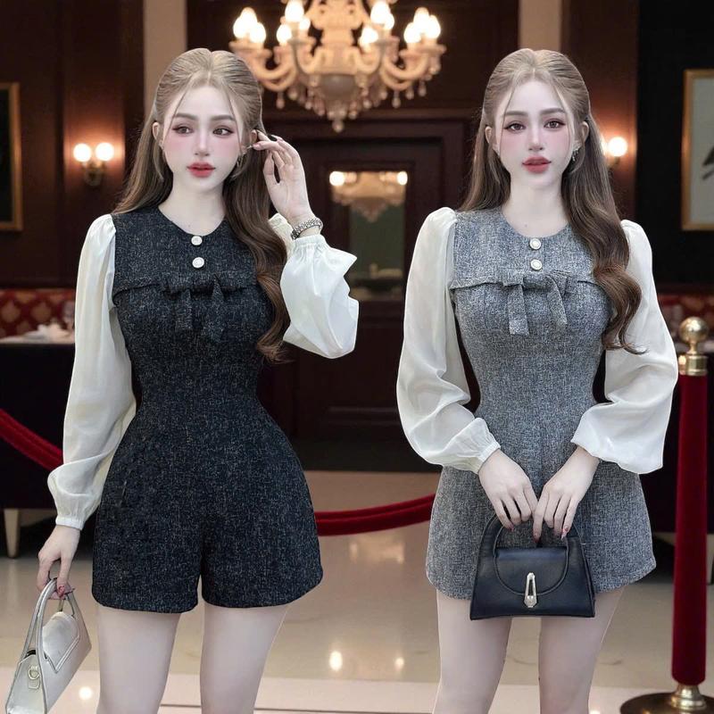  VP Jump thiết kế CRAZYTEEN S6571 kiểu ống quần short suông A tay dài voan tơ đơn giản để đi chơi bộ đồ thu đông cho nữ 