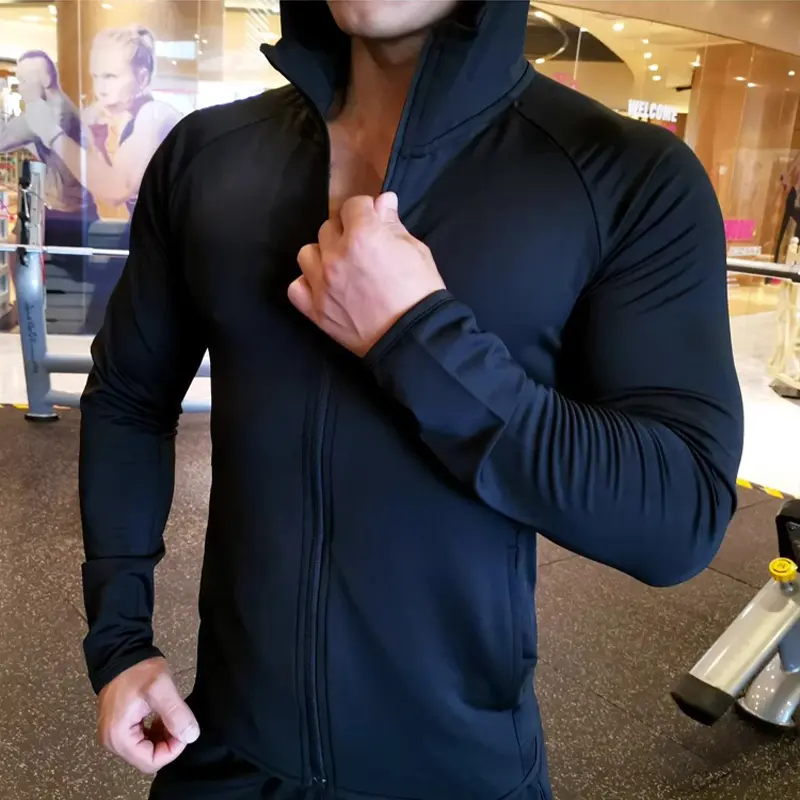 KAMB Jaket berkerudung ritsleting pria dengan desain saku elastisitas tinggi kelembutan kenyamanan slim fit jogging gym gaya baru（55-105KG）