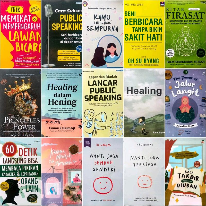 BUKU MOTIVASI / NANTI JUGA SEMBUH SENDIRI / KALA TAKDIR MASIH BISA DIUBAH / THE POWER OF JALUR LANGIT / KITAB FIRASAT / BICARA ITU ADA SENINYA / 60 DETIK / TRIK MEMIKAT LAWAN BICARA / LANCAR PUBLIC SPEAKING / HEALING / QURANIC ATOMIC HABIT / MONEY HABITS 3