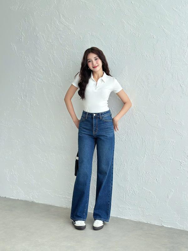 [Rede] Quần Jeans Nữ, Ống Suông Rộng Vừa, Lưng Cao, Màu Xanh Đậm Wash Hông Đùi , KHÔNG CO GIÃN (L-03E) jean suong Women Pants quan