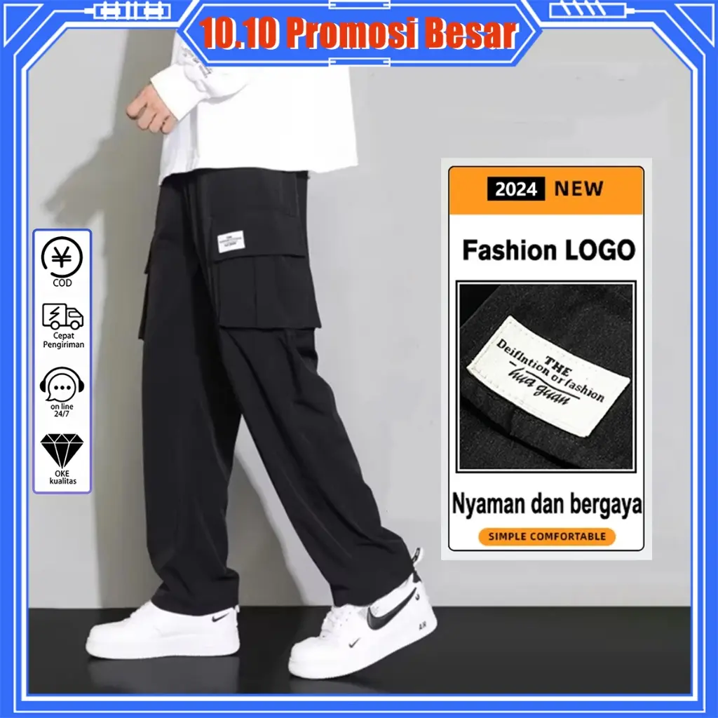 Celana cargo jeans pria celana skena pria sutra es loose cargo pants celana panjang cargo pria celana cargo panjang pria original 100% fashion cargo hitam korean style celana kasual lurus longgar pria baru elastis.