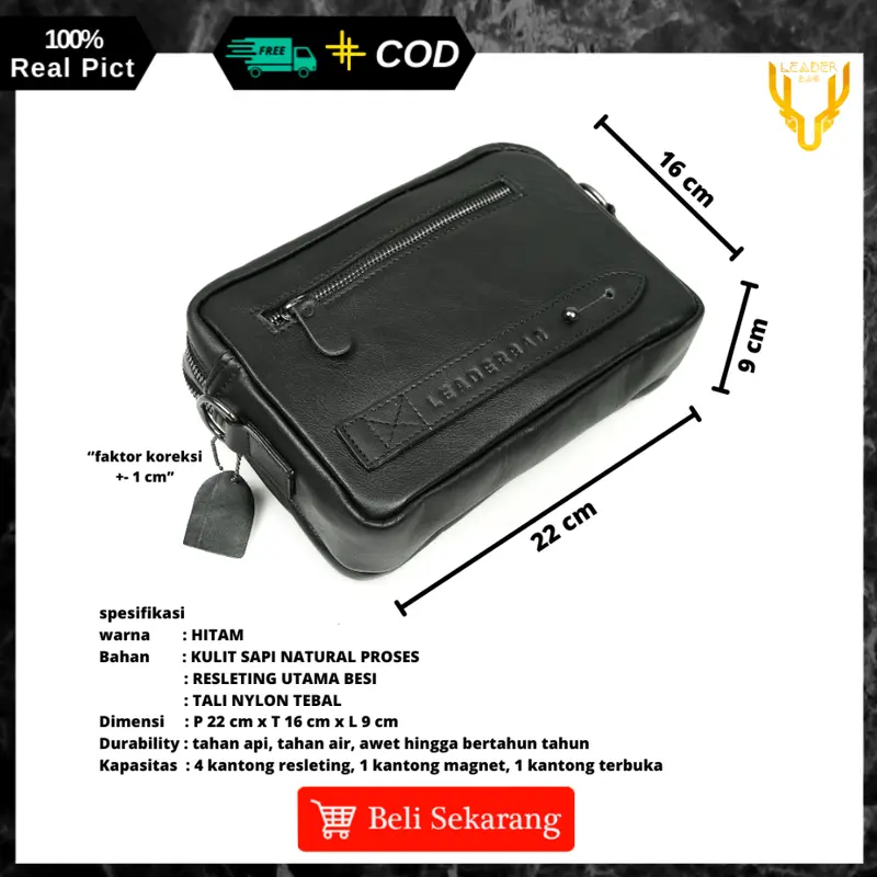 Tas Selempang Pria Kulit Sapi Asli Leaderbag Terbaru Hitam Waterproof Handbag Cowok Keren Branded Premium Multifungsi Clutchbag Slingbag 2