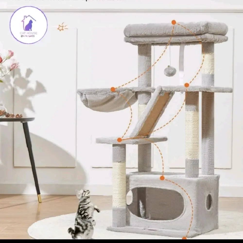 Cat tree house hamock & scratcher pom pom / rumah kucing santai dilengkapi hamock dan papan garukan