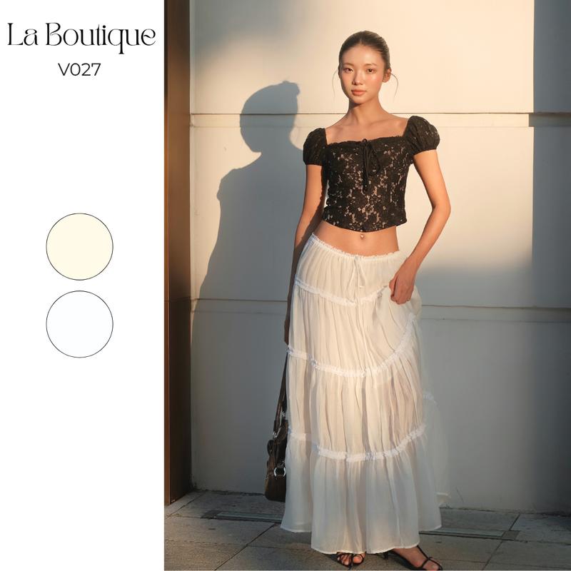 La Boutique V027 - Chân Váy Maxi Tơ Mềm Freesize Eo Dây Rút 4 Tầng Đính Ren