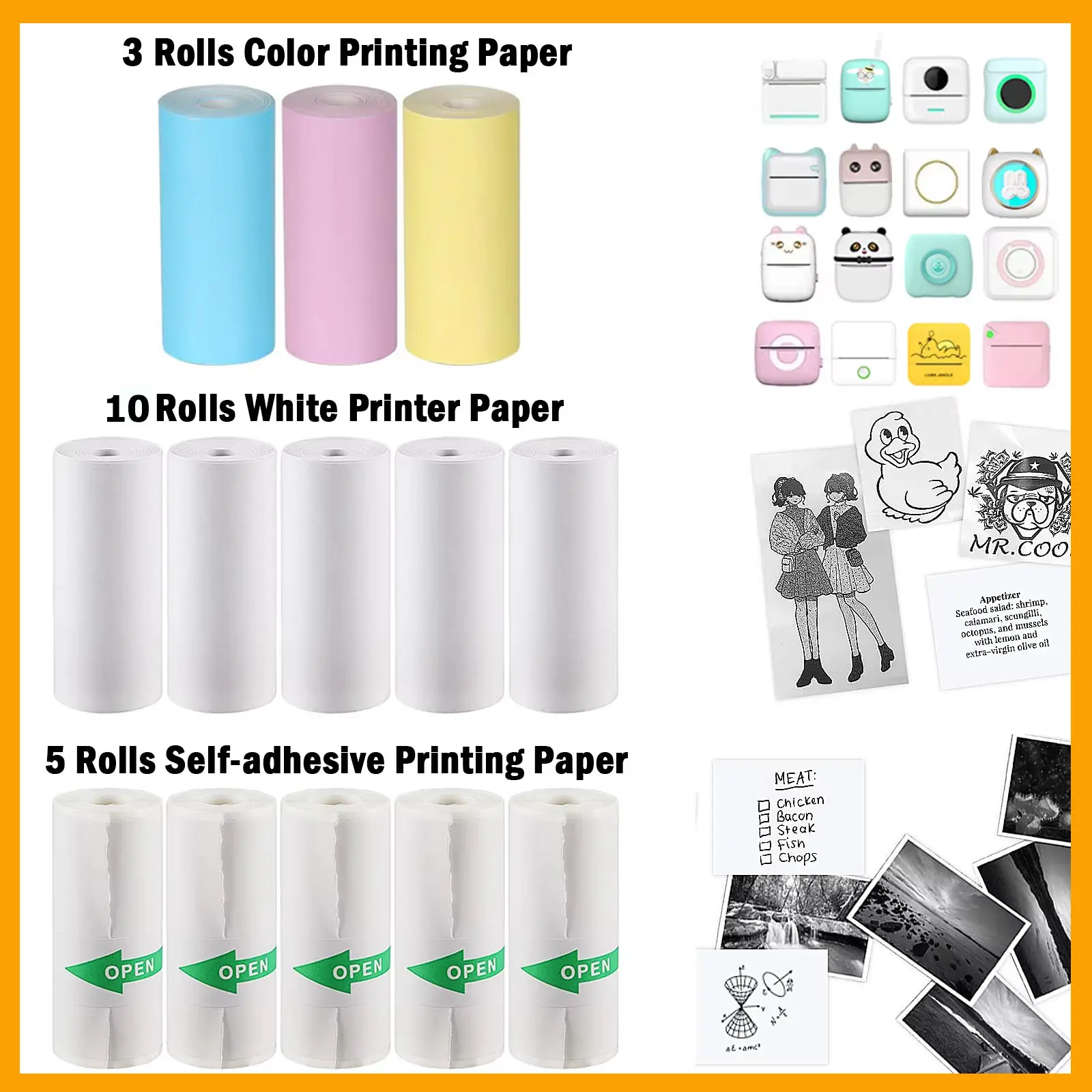Mini Printer 10Rolls Thermal Paper Label Sticker Colorful Adhesive Self-adhesive Paper For Wireless Bluetooth Photo Inkless Printer 57mm