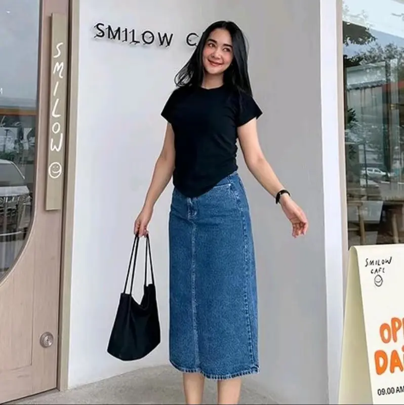 Rok Jeans Highwaist A-Line Panjang 7/8 Basic Skirt Jeans 780 - Rok Jeans Wanita Korean Style Terbaru - Medium Blue 0