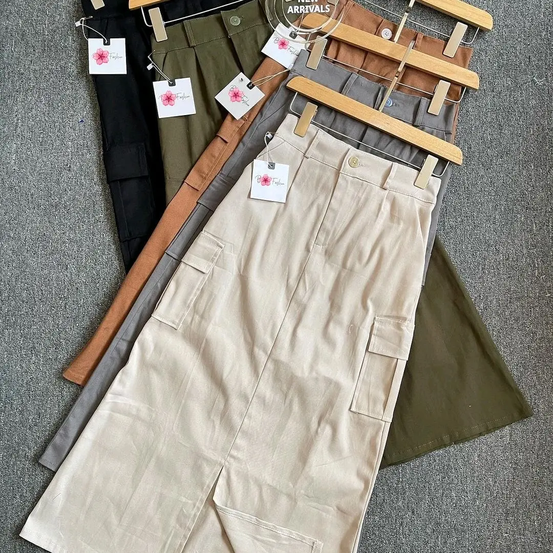 Rok Kargo Belah Skirt Cargo Wanita Kanvas  Twill Korean Style Terbaru