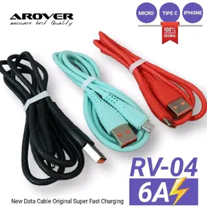 AROVER RV-04 Kabel Data Original Super Fast Charging 6A untuk Micro Tipe C & iPhone Warna Hitam Biru Merah