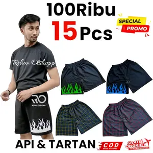 100rb Dapat 15Pcs Paket Usaha Celana Pendek Boxer Pria wanita Remaja & Dewasa Motif Api & Tartan(kotak-kotak) Biru Putih Melar Nyaman  Merah Shorts Panjang Santai Unisex Distro Hijau Hitam
