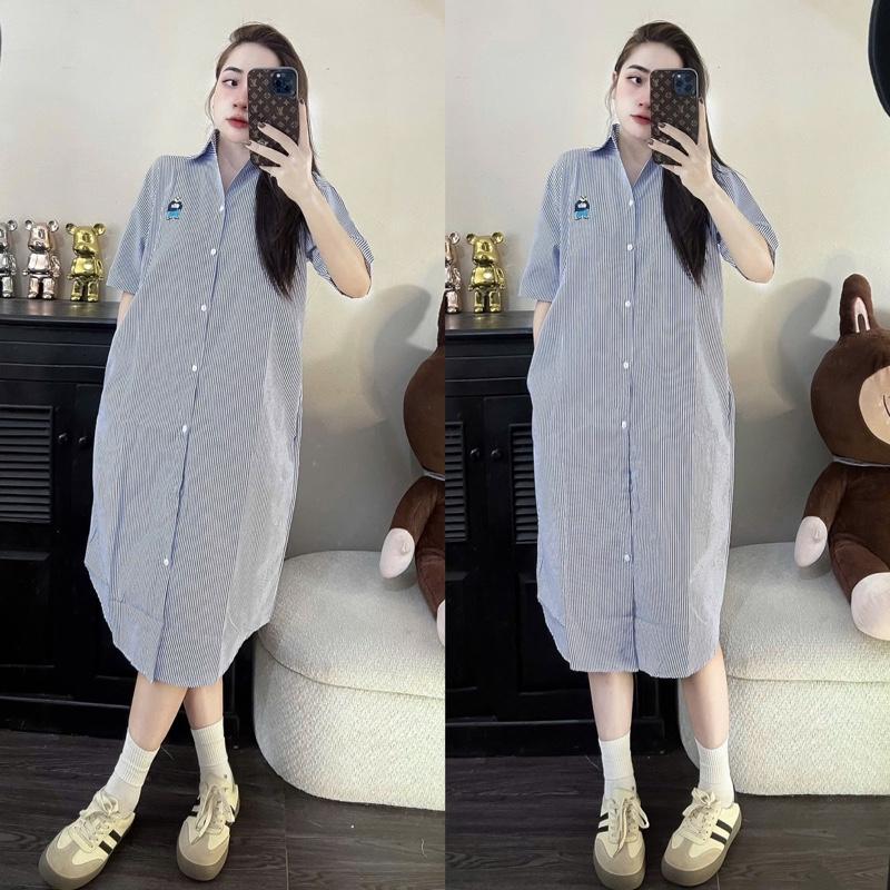 Đầm bầu sơ mi kẻ sọc nhỏ gấu thêu USA thời trang