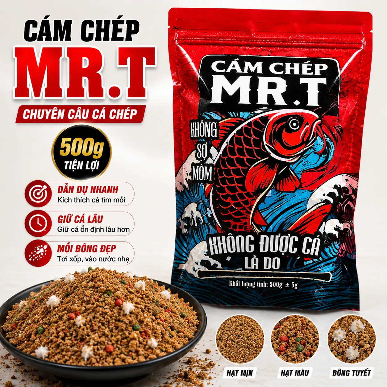 MR.T Cám Chép Mr.T -  Mồi câu cá chép -  - Mồi câu cá chép hiệu quả 500g - Protein 20-30% - Hương sữa ngọt - Tiện lợi với bông tuyết - Cho câu tự nhiên & sông