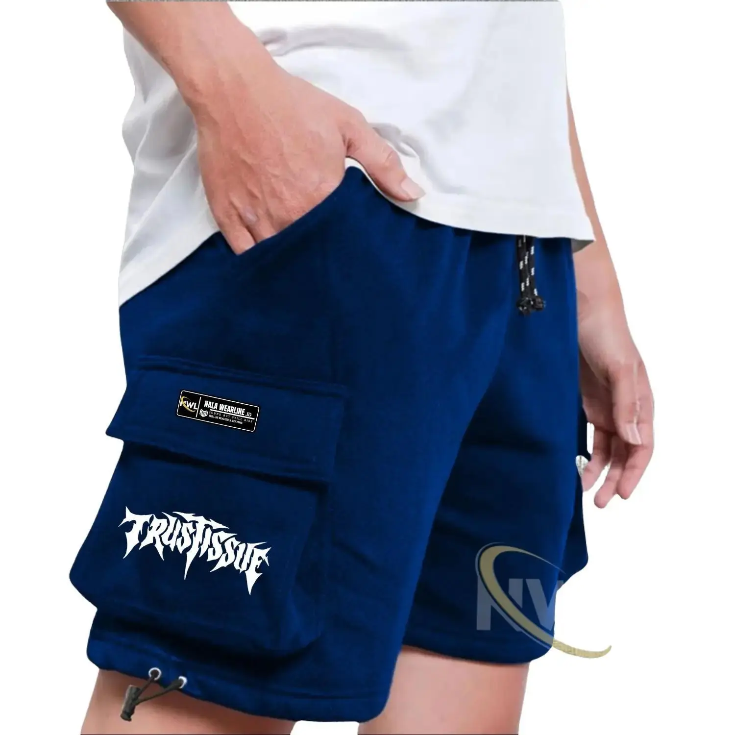 Celana Cargo Pendek Pria Wanita Kekinian Warna Nevy Motif Tulisan Trustissue Terbaru Bahan Katun Fleece Adem Dan Lembut - Shorts Pants Cowok Cewek Santai Model Kantong Samping Tali Serut Di Paha Size M-L-XL-XXL