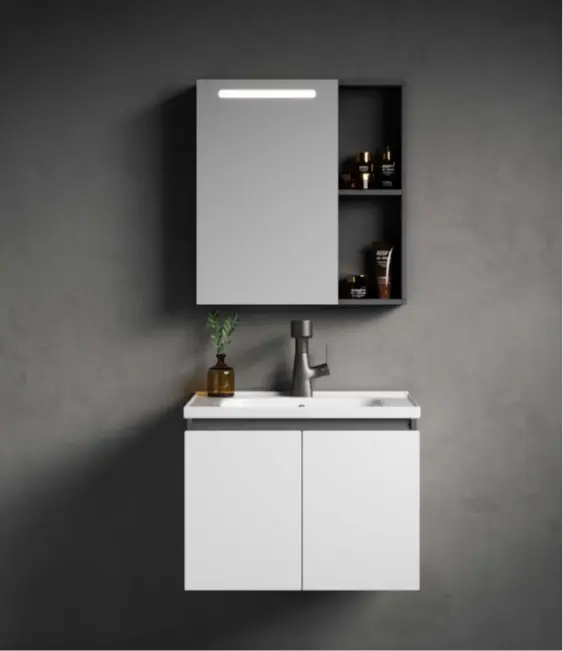 SG stock. Bathroom vanity set c/w mirror cabinet with motion sensor light, open shelves storage, aluminium panel cabinet and stainless door panel complete with ceramics basin (T6-60)