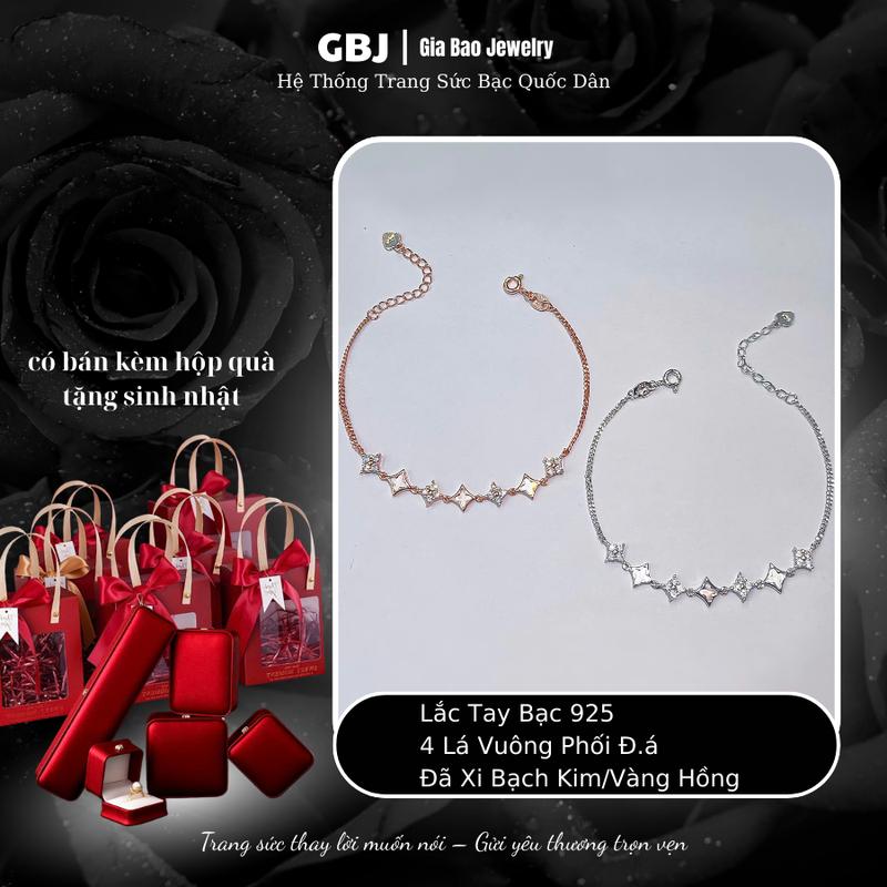 Lắc Tay Bạc 4 Lá Vuông Phối Đ.á (19cm) Dễ Thương Xi Vàng Hồng Dành Cho Nữ GBJ1066