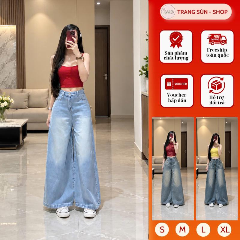 Quần Jean Nữ Ống Rộng Cạp Cao Trang Sún - Phong Cách Hàn Quốc Tôn Dáng Denim Mềm Đủ Size