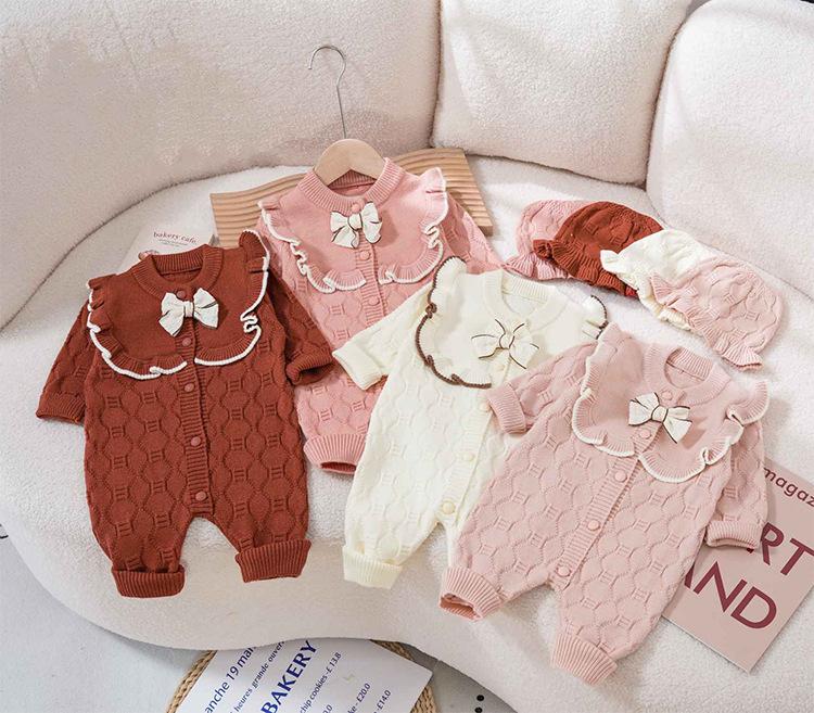 JumpSuit thu đông Hi.Bé, body len quả trám kèm mũ cho bé gái từ 3-9Kg TD013