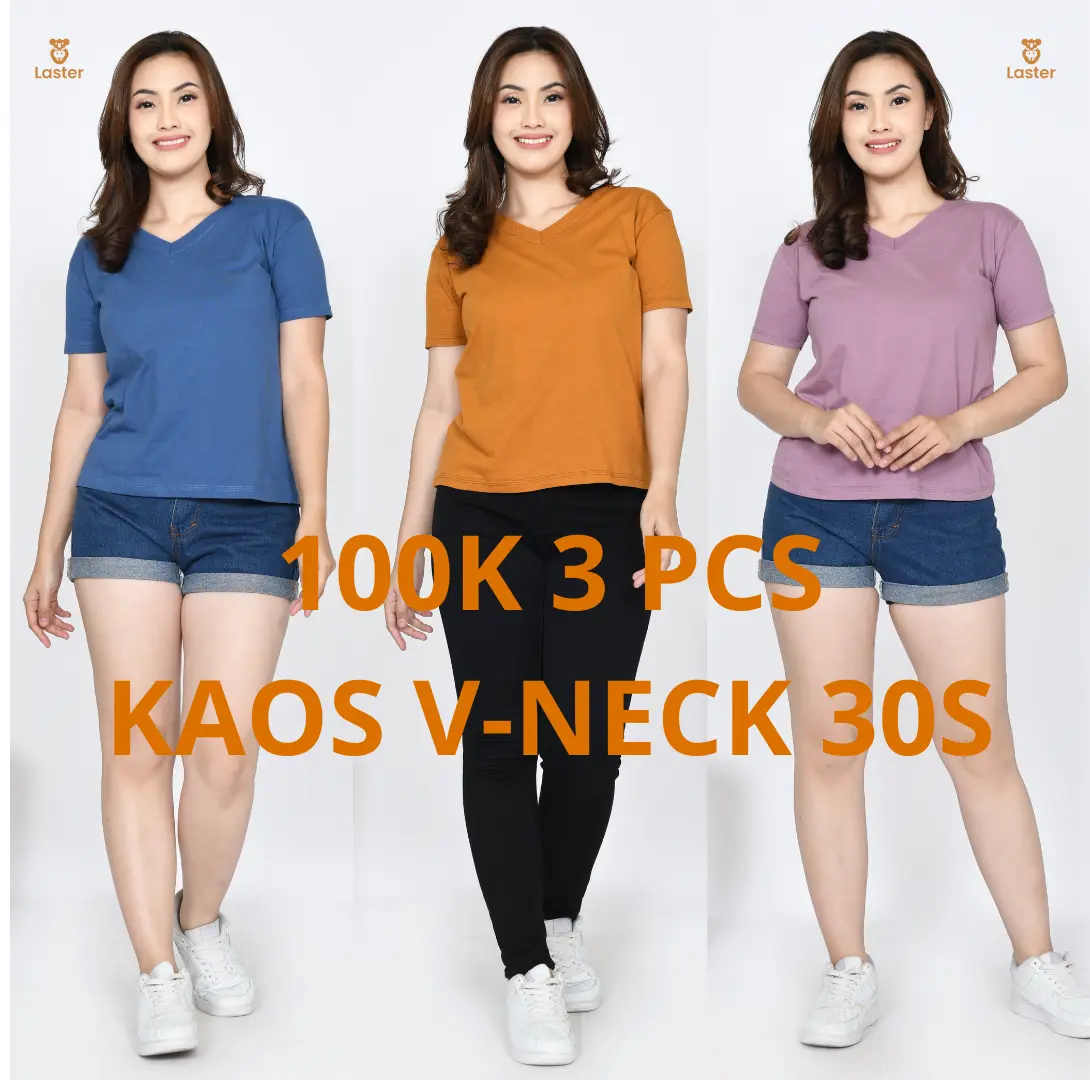 100 DAPAT 3 PCS KAOS V-NECK POLOS WANITA COTTON Combed 30S Dewasa
