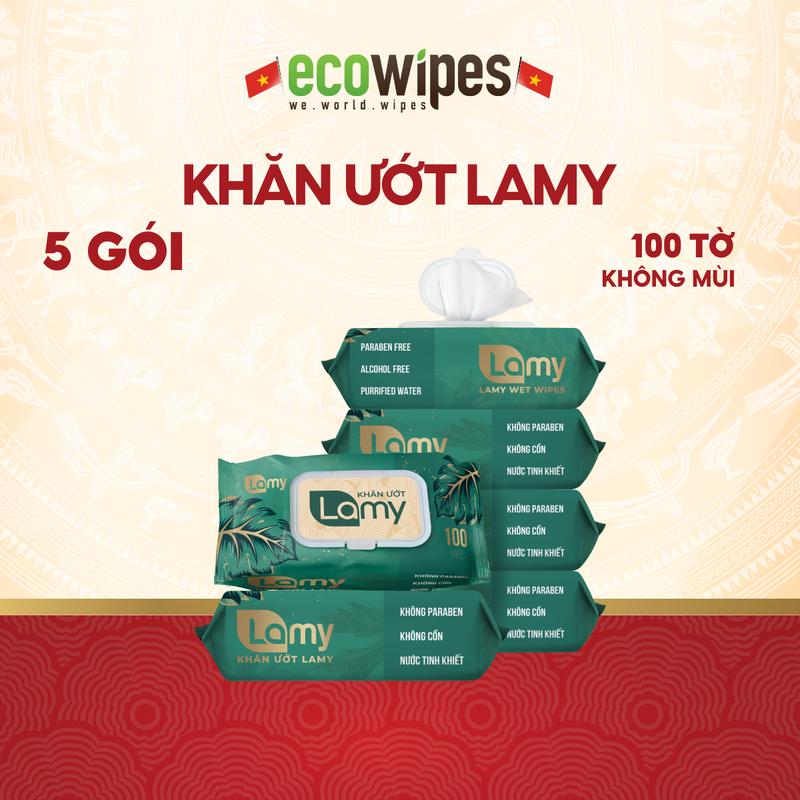 Lamy - Thùng 05 gói khăn ướt loại 100 tờ không cồn không parabens cao cấp cho bé