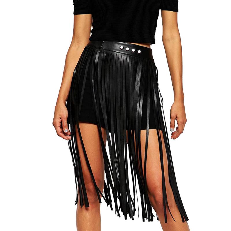 TikTok Shop Zeelina Leather Tassel Skirt Black High Waist Rave Party Dance Fringe Skirts Belts for Women