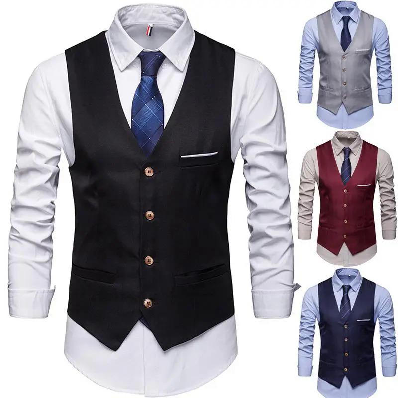 Product Introduction of Okamoto men's fashion suit vest, single breasted plain color V-neck formal jacket men suit jacket 5