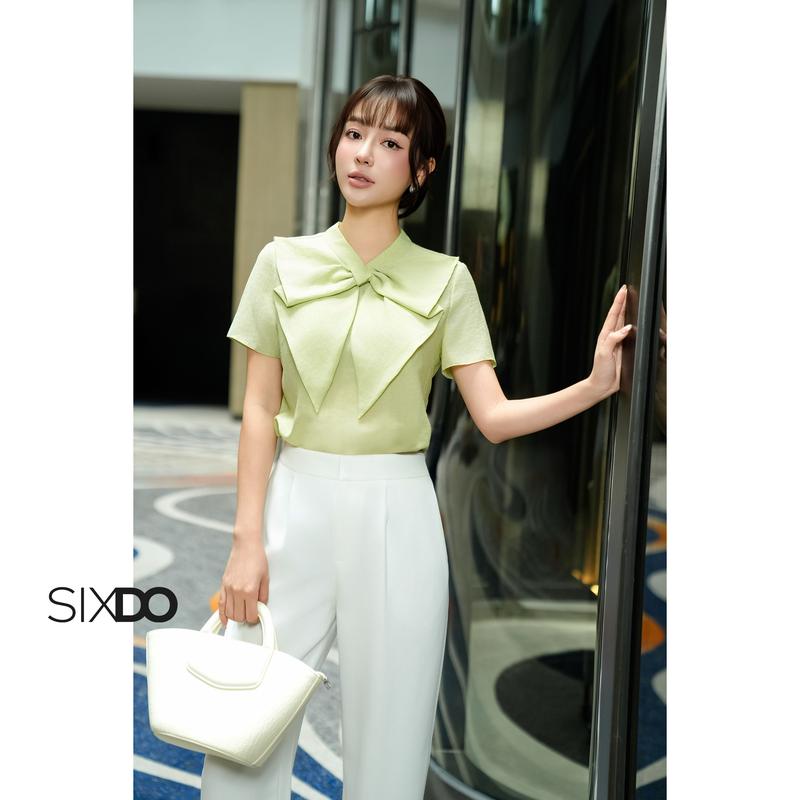 Áo tơ organza cộc tay cổ nơ SIXDO Green Nuggets Organza Blouse
