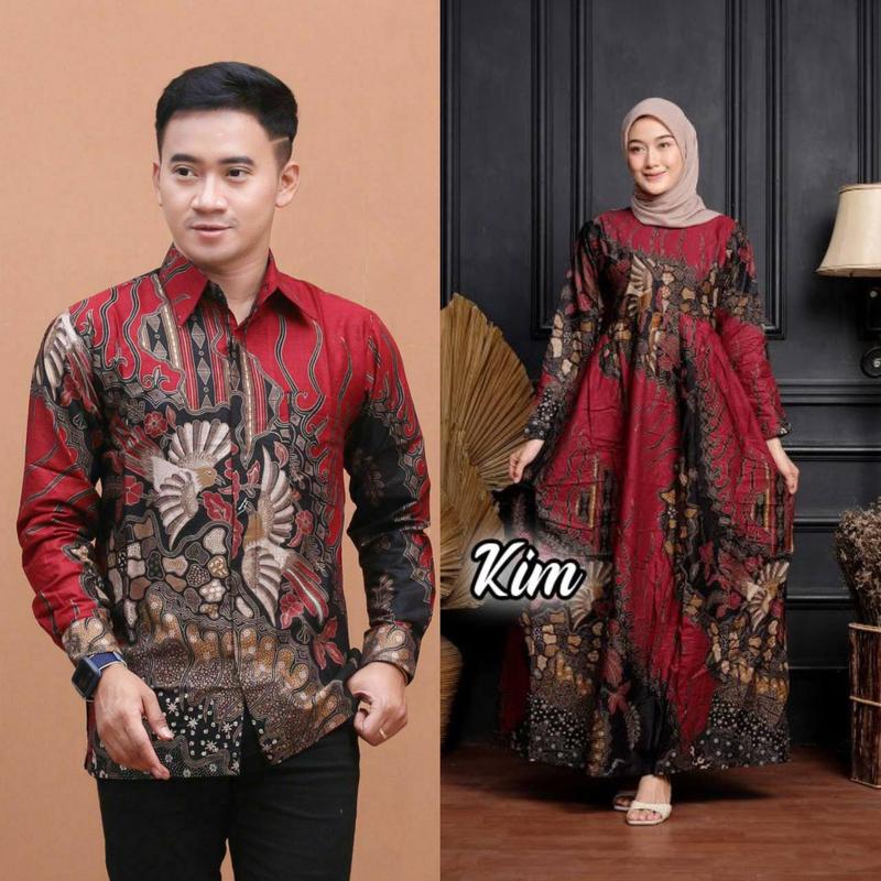 Baju Batik Couple Modern - Sarimbit Batik Kondangan Kekinian - Couple Gamis Batik dan Kemeja Polyester Dewasa Katun Motif Muslim Panjang Pasangan Dress Keluarga Seragam Kombinasi 1