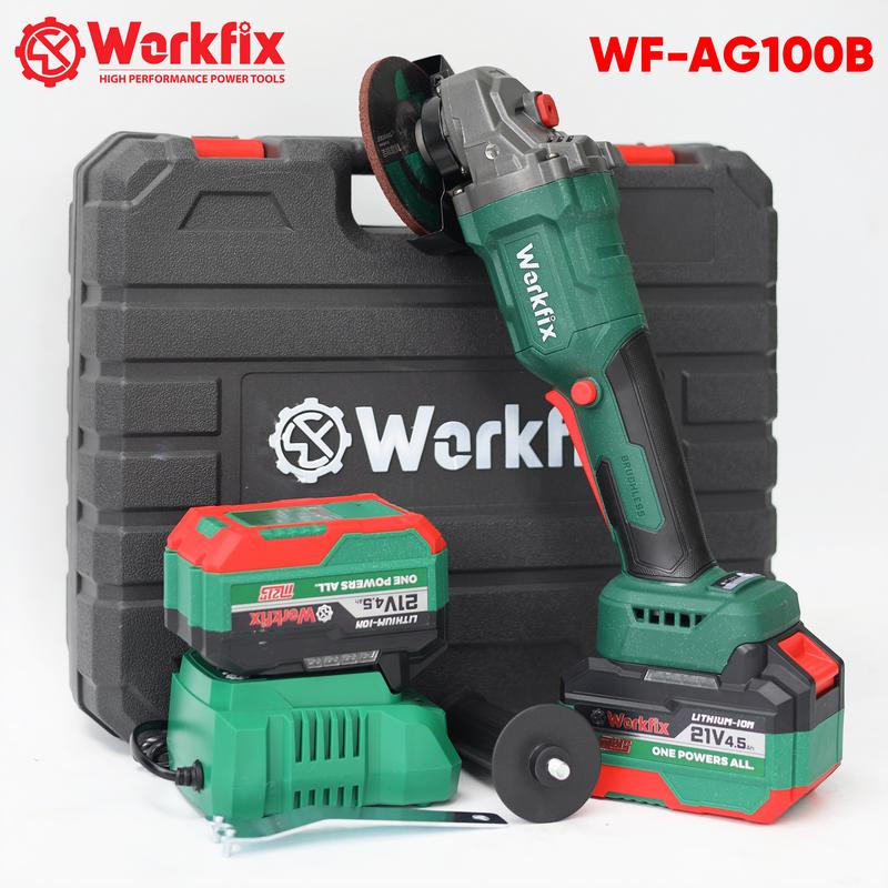 [NEW] Máy Mài Compact 100mm Dùng Pin Workfix - Công Tắc Bóp - Brushless Motor - 2 Pin 15 Cell 21V/4.5Ah - Chân Pin Phổ Thông - Tay Cầm Trợ Lực - Lõi Đồng - AG100B  Máy mài thẳng Angle Grinders