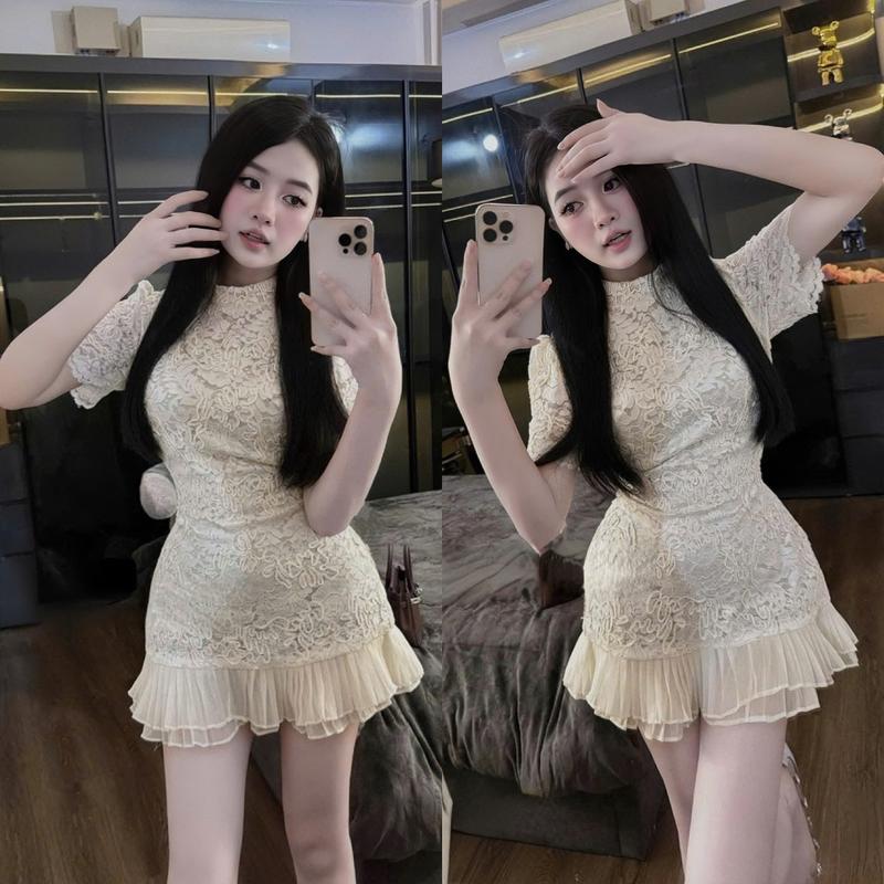 Đầm váy nữ ren hoa thiết kế cổ tròn tay ngắn phối voan xếp tầng [Có Mút, Có Lót Quần] sang chảnh dành cho các nàng diện đi chơi, đi tiệc