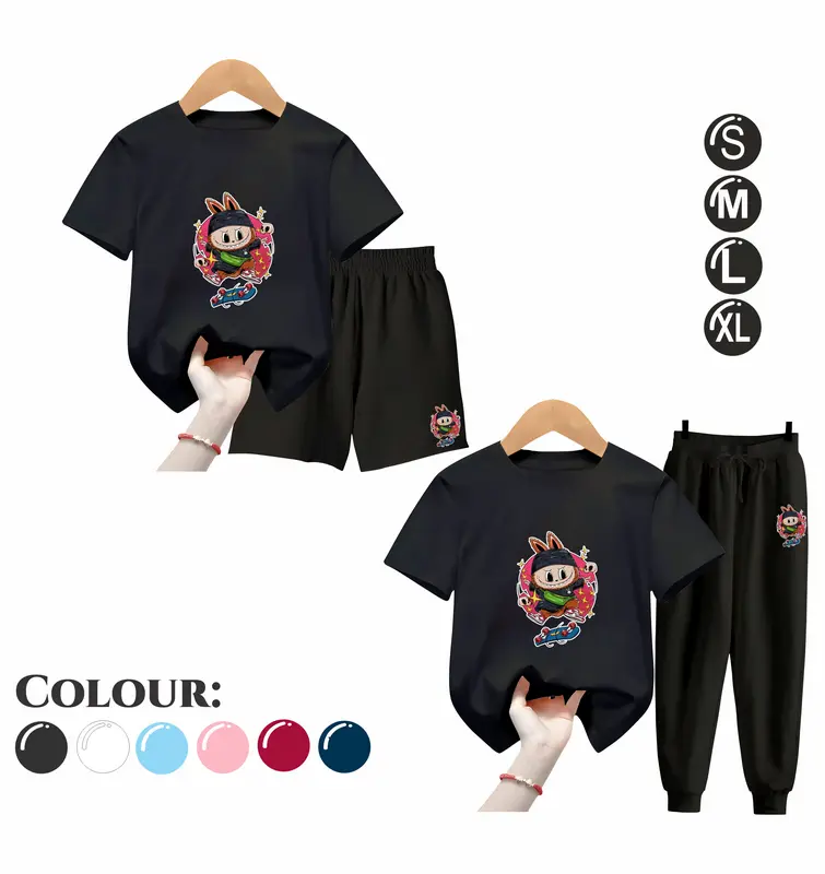Baju Setelan Anak UNISEX - Pakaian Kaos dan Celana Fashion Anak Laki Laki dan Perempuan Usia 5-15 Tahun - Motif SKATEBOARD LABUBU Maroon 5