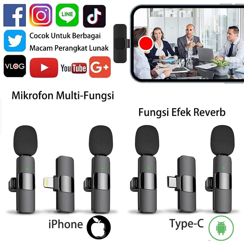 Mikrofon Nirkabel Lavalier Mic Portabel Audio Video pembuatan Rekaman Wireless Microphone HP Klip Untuk IPhone Android 8