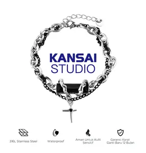 KANSAI-Liontin salib bersilang, gelang persegi berbalut berlian hitam, gelang titanium pria, gaya vintage, tahan air dan tidak pudar, cocok untuk hadiah dan pakaian sehari-hari.