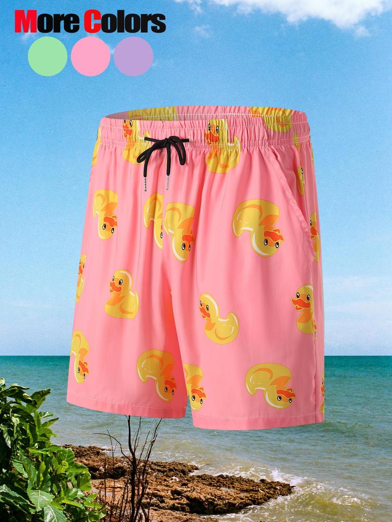 Product Introduction of Men's Cartoon Duck Print Beach Shorts, Casual Breathable Quick Drying Shorts for Summer, Men's Bottoms for Beach Vacation 1