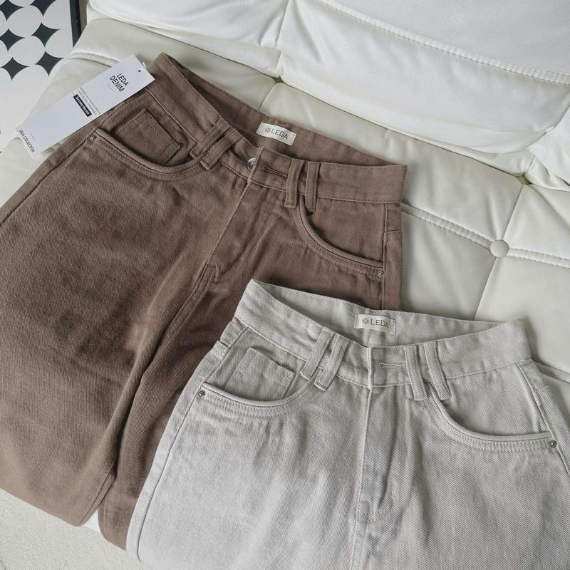   Dài 88-93cm Quần Jean Ống Suông Màu Nâu Be Viền Túi Nữ LEDA Quần Bò Ống Suông Rộng Nấm Lùn 1m5 Quần Rin 9 Tấc 