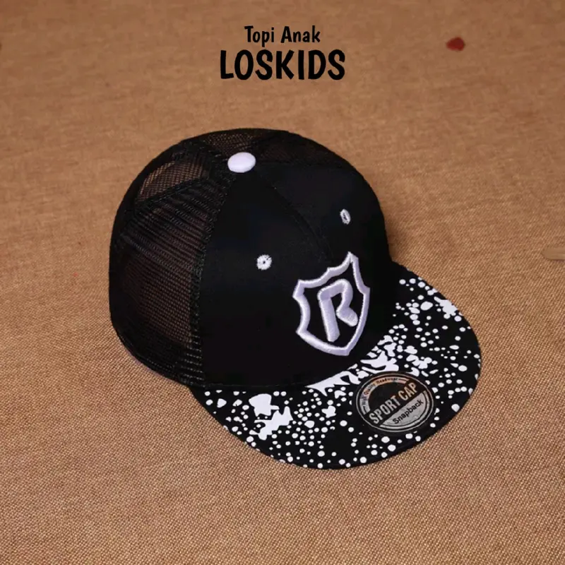 Topi Anak Hiphop atau Snapback Topi Jaring Logo R Buat Anak Usia 2 sampe 10 Tahun Hitam Kombinasi Kuning atau putih 3