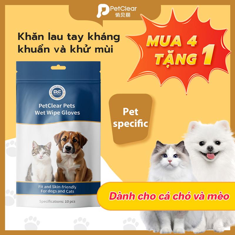 【Mua 4 tặng 1 Găng tay không cần rửa Petclear  Vệ sinh cho mèo, tắm khô cho chó, khử mùi chuyên dụng cho mèo và chó, hộp 10 miếng khăn giấy ướt dành riêng cho thú cưng