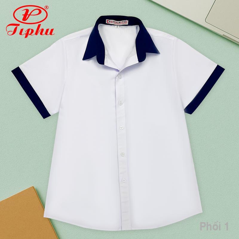 Áo sơ mi nữ đi học, màu trắng có nẹp viền xanh, form rộng, tay ngắn, không túi, vải kate silk