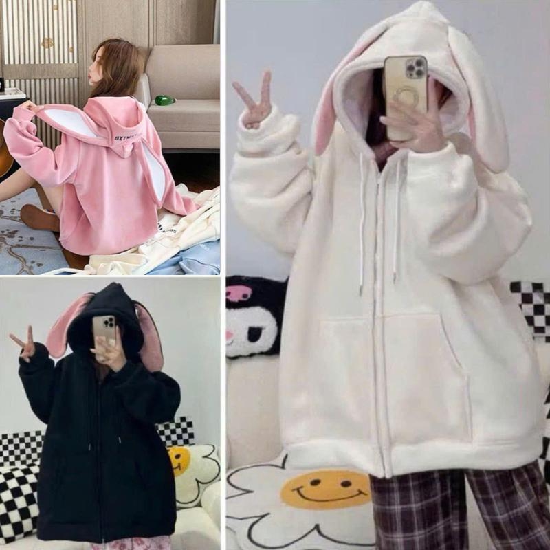  Áo khoác nỉ nữ phom rộng chất nỉ bông áo hoodie dày áo khoác mùa đông freesize dưới 65kg có tai thỏ 