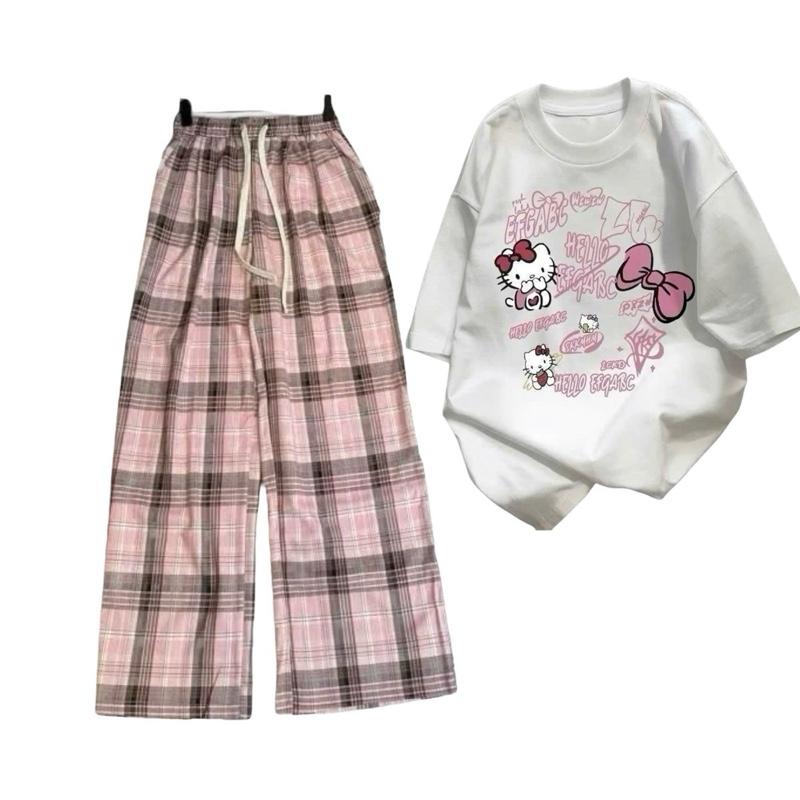 Set nữ Áo phông mèo nơ đủ màu form rộng+ Quần dài ống rộng kẻ caro hack dáng hot trend 2025