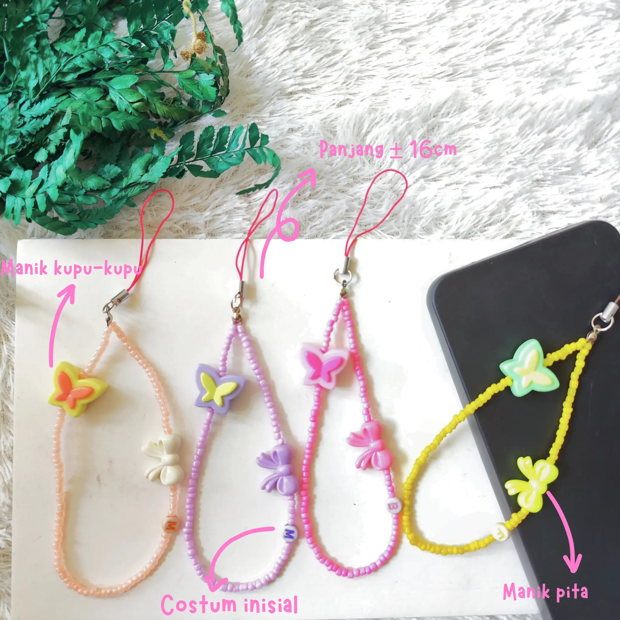 RT || Srap tali gantungan HP manik lucu kupu-kupu pita costume || hiasan Handphone