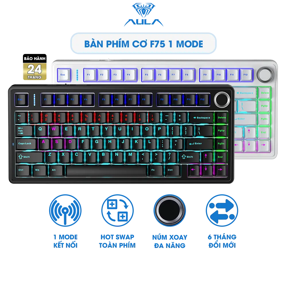 AULA F75 BÀN PHÍM CƠ GAMING 1 MODE kết nối CÓ DÂY, LED rainbow 20 hiệu ứng ánh sáng