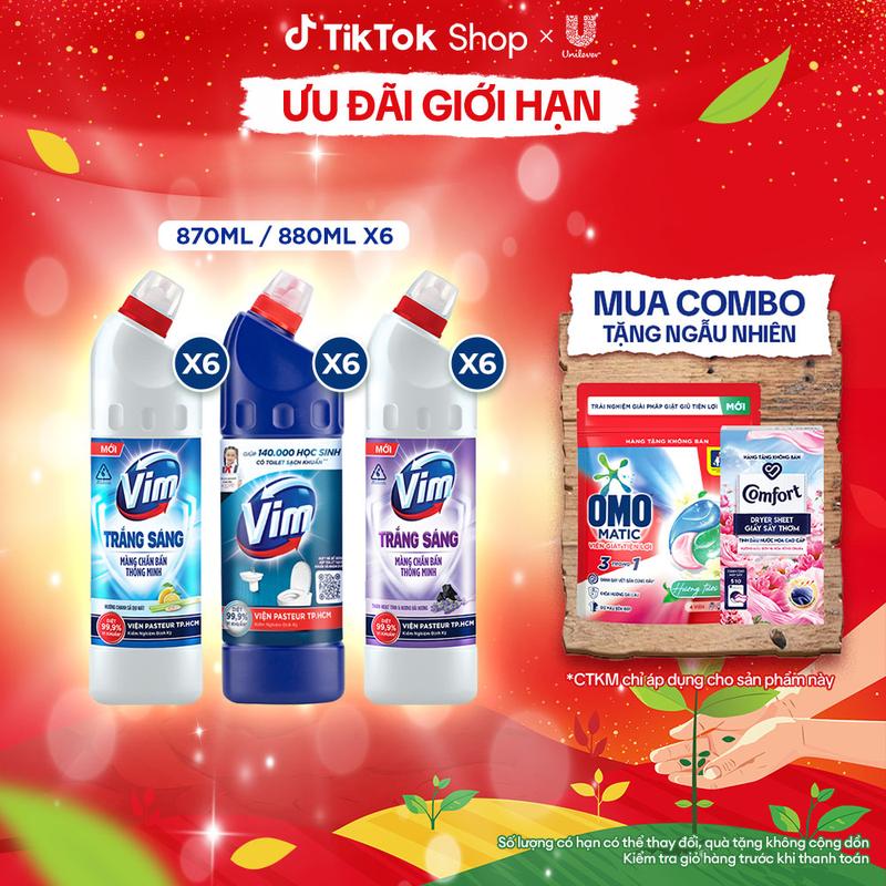 Combo 6 Nước Tẩy Bồn Cầu và Nhà Vệ Sinh Vim Trắng Sáng Diệt Khuẩn 870ml 880ml 1
