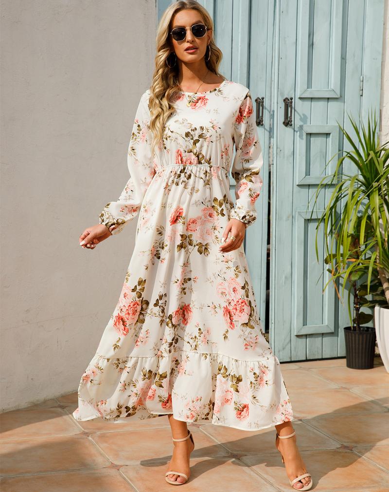 Product Introduction of Cross-Border Foreign Trade Spring and Autumn Floral Chiffon Dress Waist-Controlled Slimming Long Sleeve round-Neck Long Printed Dress Women's 9