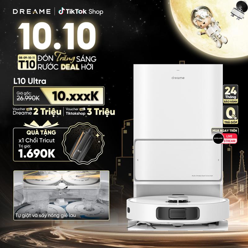 [TẶNG Chổi Tricut] Dreame L10 Ultra - Robot Hút Bụi Lau Sàn 5 Trong 1 Tự Giặt & Sấy Nóng Giẻ Lau Hút Bụi Siêu Mạnh 5300Pa Dung Lượng Pin 5200mAh Dùng Cho 200m2