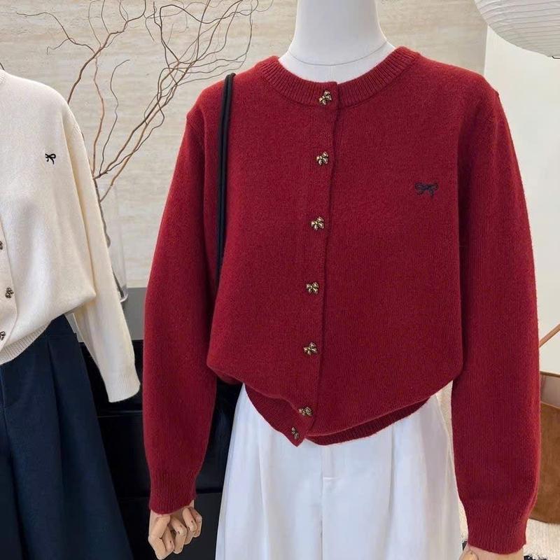 Hàng QC Loại 1 Áo Len Cardigan Cổ Tròn Cúc Nơ Mạ Kim loại Vintage Hoạ Tiết Thêu Nơ Dệt Kim Lông Thỏ Dày Dặn Giữ Ấm Nữ Form Suông Vừa Hottrend Style Basic Cadigan Camcloset